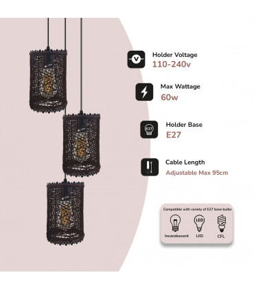 Pendant Light Vintage/Retro Rattan PVC Metal Dark Brown 22cm 3 Head 14cm