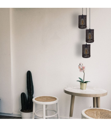 Pendant Light Dark Brown Rattan PVC Metal 3 Head Round Base E27 22cm 14cm