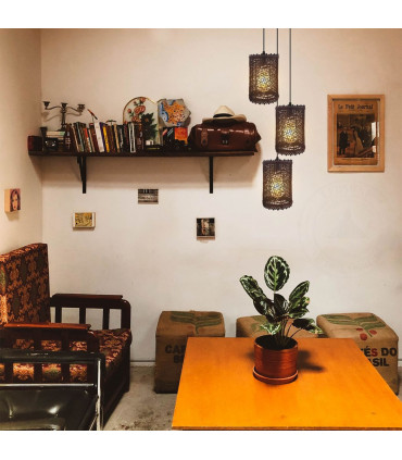 Pendant Light Dark Brown Rattan PVC Metal 3 Head Round Base E27 22cm 14cm