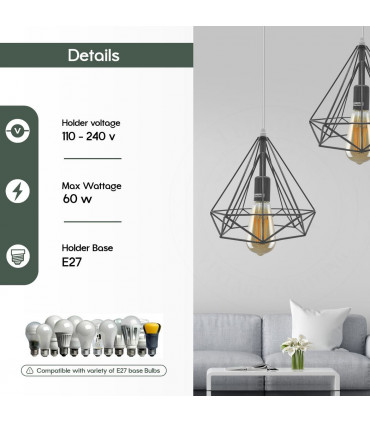 Metal Red 3 Head Rectangle Base Vintage Industrial E27 Ceiling Pendant Lamp