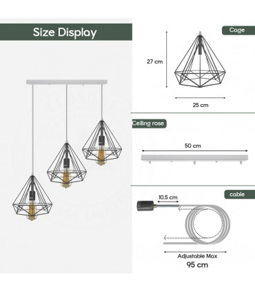 Metal Red 3 Head Rectangle Base Vintage Industrial E27 Ceiling Pendant Lamp