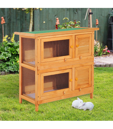 Rabbit Hutch 2-tier Wooden Bunnies House Outdoor Shelter Natural Wood Finish