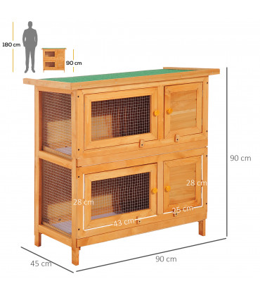 Rabbit Hutch 2-tier Wooden Bunnies House Outdoor Shelter Natural Wood Finish