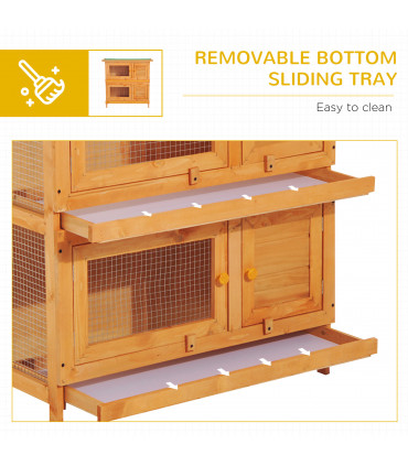 Rabbit Hutch 2-tier Wooden Bunnies House Outdoor Shelter Natural Wood Finish