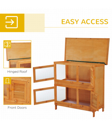 Rabbit Hutch 2-tier Wooden Bunnies House Outdoor Shelter Natural Wood Finish