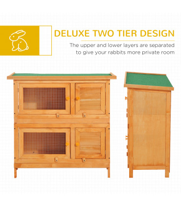 Rabbit Hutch 2-tier Wooden Bunnies House Outdoor Shelter Natural Wood Finish