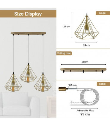 Pendant Light 3 Head Rectangle Gold Vintage Industrial E27 Ceiling Hanging Light