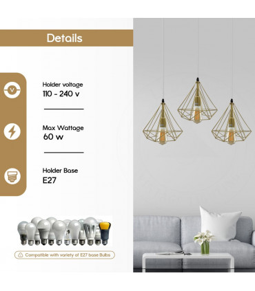 Pendant Light 3 Head Rectangle Gold Vintage Industrial E27 Ceiling Hanging Light