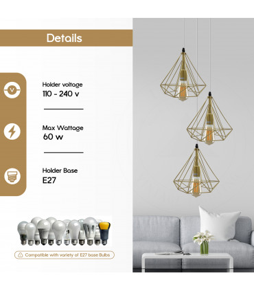 Pendant Light Gold Vintage Industrial E27 Ceiling Hanging 3 Head Round Base Cage