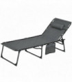 Garden Sun Lounger Grey Reclining Back Padded Seat Foldable Design Side Pocket