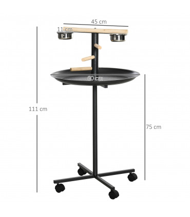Bird Play Stand Portable Feeder Station w/ Wooden Perches, Stainless Steel Bowls