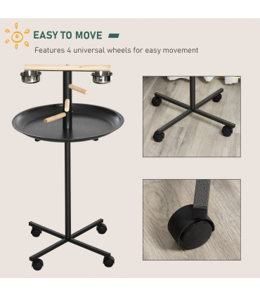 Bird Play Stand Portable Feeder Station w/ Wooden Perches, Stainless Steel Bowls