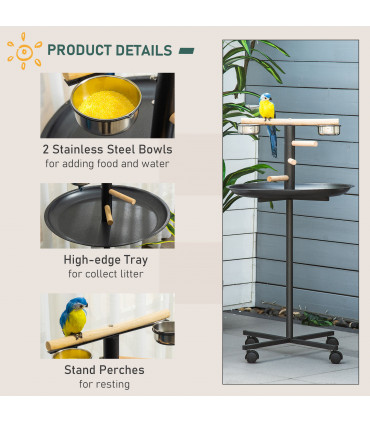 Bird Play Stand Portable Feeder Station w/ Wooden Perches, Stainless Steel Bowls