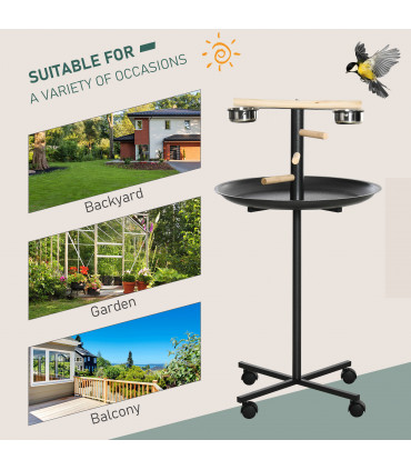 Bird Play Stand Portable Feeder Station w/ Wooden Perches, Stainless Steel Bowls