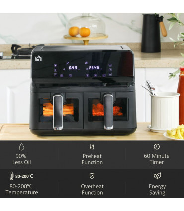 Air Fryer 8L Family Size Black Dual 2 Basket 8 Presets Cookbook Timer 2500W