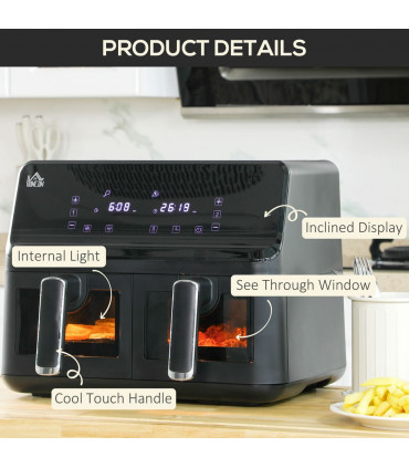 Air Fryer 8L Family Size Black Dual 2 Basket 8 Presets Cookbook Timer 2500W