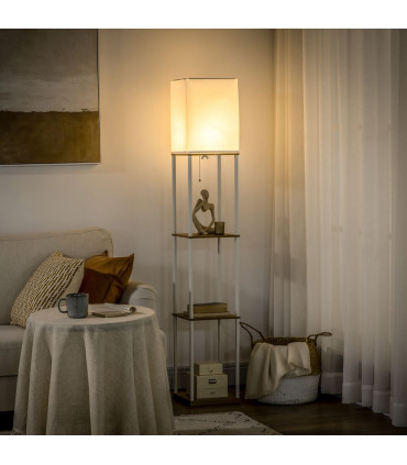 Floor Lamp Fabric White Modern Column Shape with Shelves and Fabric Lampshade