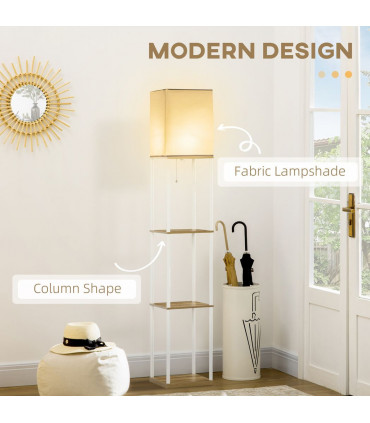 Floor Lamp Fabric White Modern Column Shape with Shelves and Fabric Lampshade