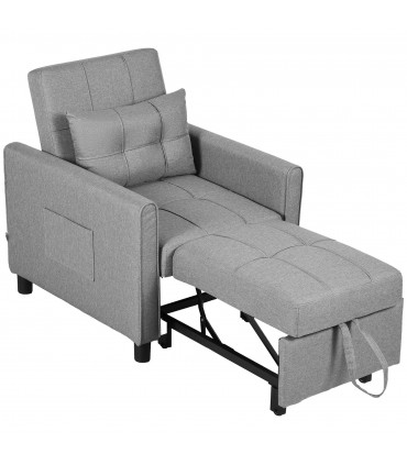 Chair Bed Light Grey 69L x 82W x 85H cm Sleeper Chair with Pillow, Side Pockets