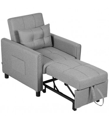 Chair Bed Light Grey 69L x 82W x 85H cm Sleeper Chair with Pillow, Side Pockets