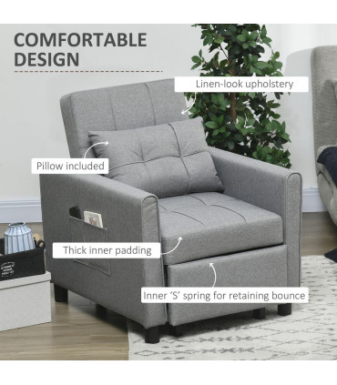Chair Bed Light Grey 69L x 82W x 85H cm Sleeper Chair with Pillow, Side Pockets