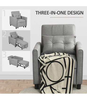 Chair Bed Light Grey 69L x 82W x 85H cm Sleeper Chair with Pillow, Side Pockets