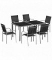 Outdoor Dining Set Black Steel Mesh Glass 7 Piece Table Chairs Garden Patio