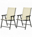 Metal Beige Folding Chairs Set of 2 Breathable Texteline Seat Lightweight