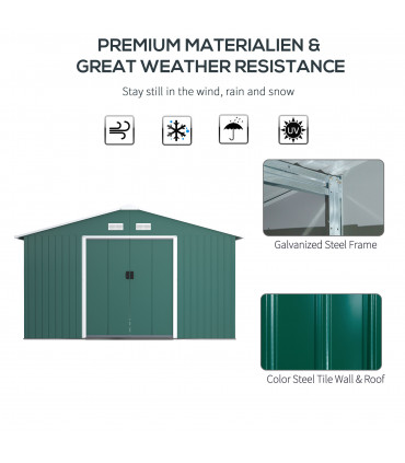 13ft x 11ft Outdoor Roofed Metal Storage Shed Foundation Vent & Doors Green