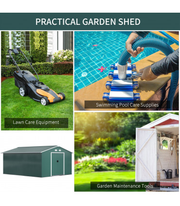 13ft x 11ft Outdoor Roofed Metal Storage Shed Foundation Vent & Doors Green