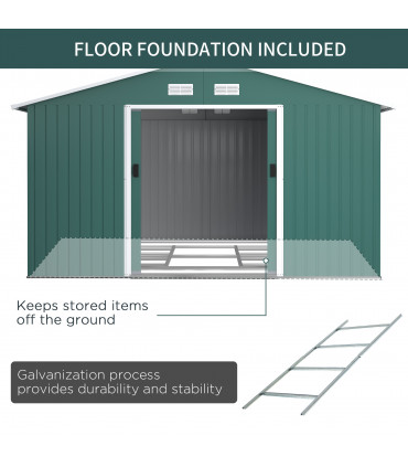 13ft x 11ft Outdoor Roofed Metal Storage Shed Foundation Vent & Doors Green
