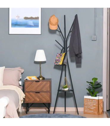 Coat Rack Metal Black 180cm Free Standing Shelf Holder Stand Display Clothes Hat