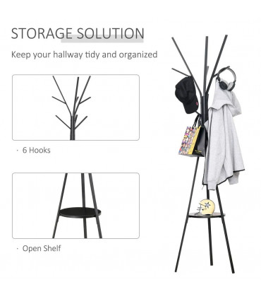 Coat Rack Metal Black 180cm Free Standing Shelf Holder Stand Display Clothes Hat