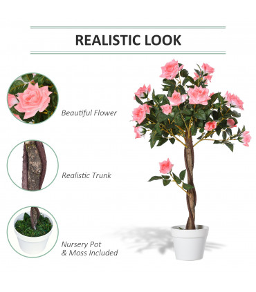 Artificial Camellia Plant Pink Green 18cmx18cmx90cm 3FT Rose Tree 21 Flowers Pot