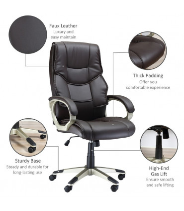Executive Computer Office Desk Chair High Back Faux Leather Swivel Chair Brown