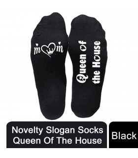 Flo Novelty Cotton Mid Calf Socks with Funny Slogans, Queen of the House, Black