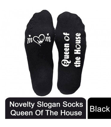 Flo Novelty Cotton Mid Calf Socks with Funny Slogans, Queen of the House, Black