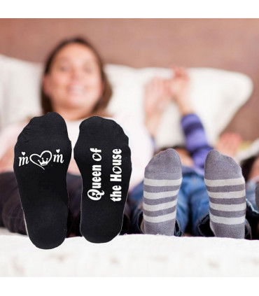 Flo Novelty Cotton Mid Calf Socks with Funny Slogans, Queen of the House, Black