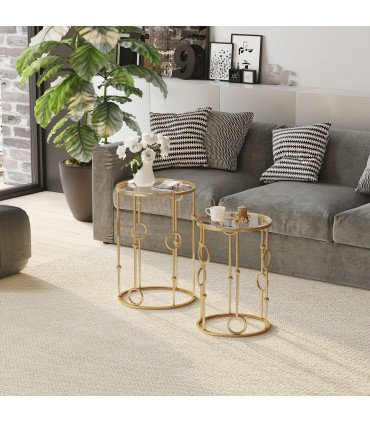 Nesting Coffee Table Set - Gold Tone Tempered Glass Top - 2 Piece Modern Chic
