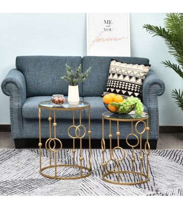 Nesting Coffee Table Set - Gold Tone Tempered Glass Top - 2 Piece Modern Chic