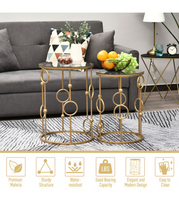 Nesting Coffee Table Set - Gold Tone Tempered Glass Top - 2 Piece Modern Chic