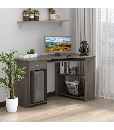 L-Shaped Corner Computer Desk & 2-Tier Side Shelves Wide Table Top Grey