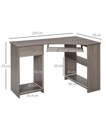 L-Shaped Corner Computer Desk & 2-Tier Side Shelves Wide Table Top Grey