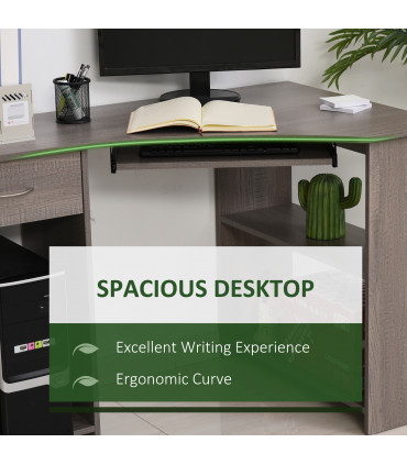 L-Shaped Corner Computer Desk & 2-Tier Side Shelves Wide Table Top Grey