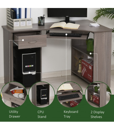 L-Shaped Corner Computer Desk & 2-Tier Side Shelves Wide Table Top Grey