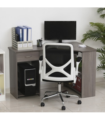 L-Shaped Corner Computer Desk & 2-Tier Side Shelves Wide Table Top Grey