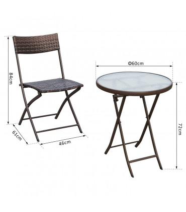 PE Rattan Bistro Set Brown 3pc Chair 61L x 46W x 84H cm Table 60D x 72H cm