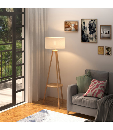 Floor Lamp, 154H cm-Beige/Natural Wood Colour