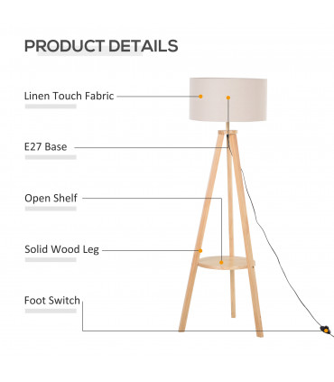 Floor Lamp, 154H cm-Beige/Natural Wood Colour