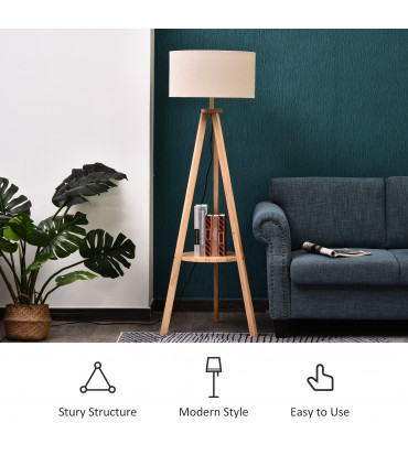 Floor Lamp, 154H cm-Beige/Natural Wood Colour